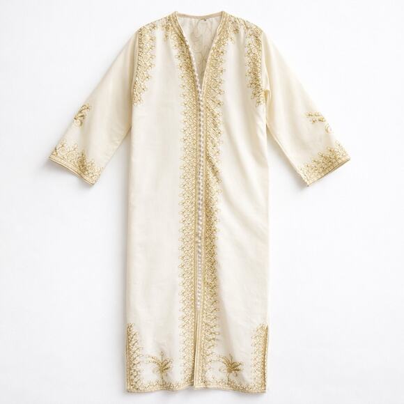 Vintage Handmade Boho Cotton Maxi Caftan Gold Soutache Embroidery Ivory OS